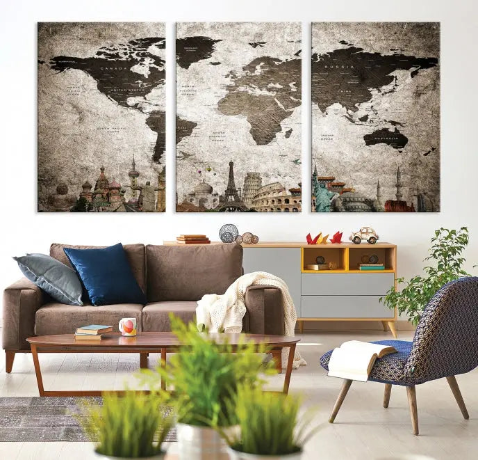 Living room featuring a World Map Wall Art Canvas Print.