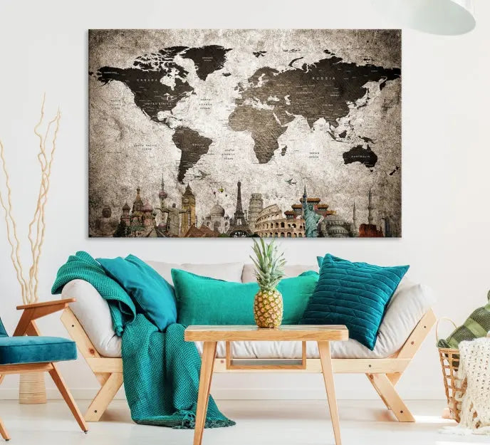 Living room featuring a World Map Wall Art Canvas Print.