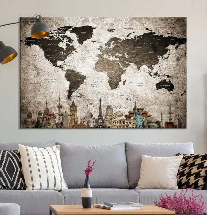 Living room featuring a World Map Wall Art Canvas Print.