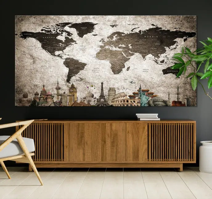 Living room featuring a World Map Wall Art Canvas Print.