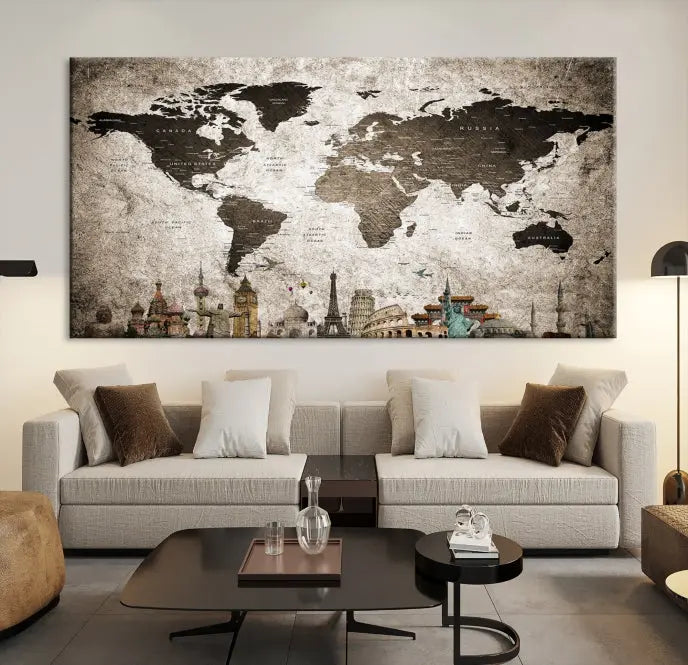 Living room featuring a World Map Wall Art Canvas Print.