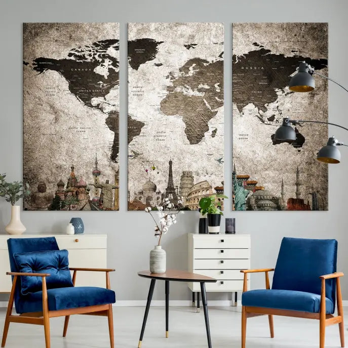 Living room featuring a World Map Wall Art Canvas Print.