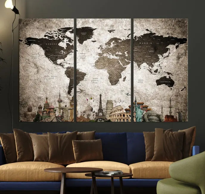 Living room featuring a World Map Wall Art Canvas Print.