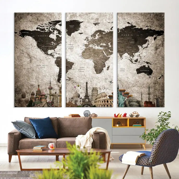 Living room featuring a World Map Wall Art Canvas Print.