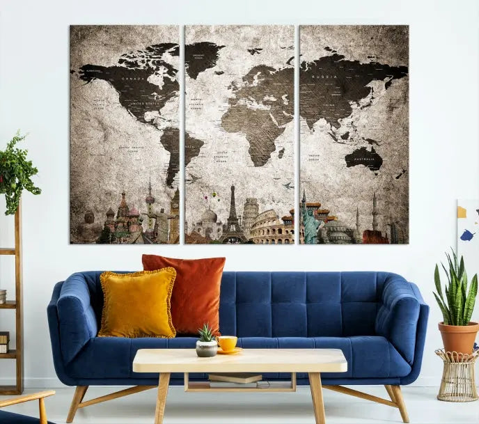 Living room featuring a World Map Wall Art Canvas Print.