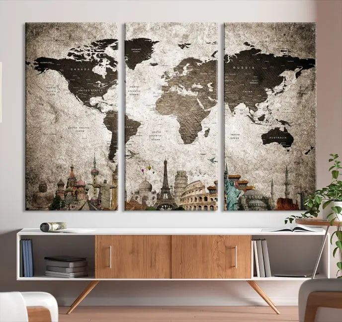 Living room featuring a World Map Wall Art Canvas Print.