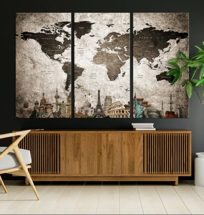 Living room featuring a World Map Wall Art Canvas Print.