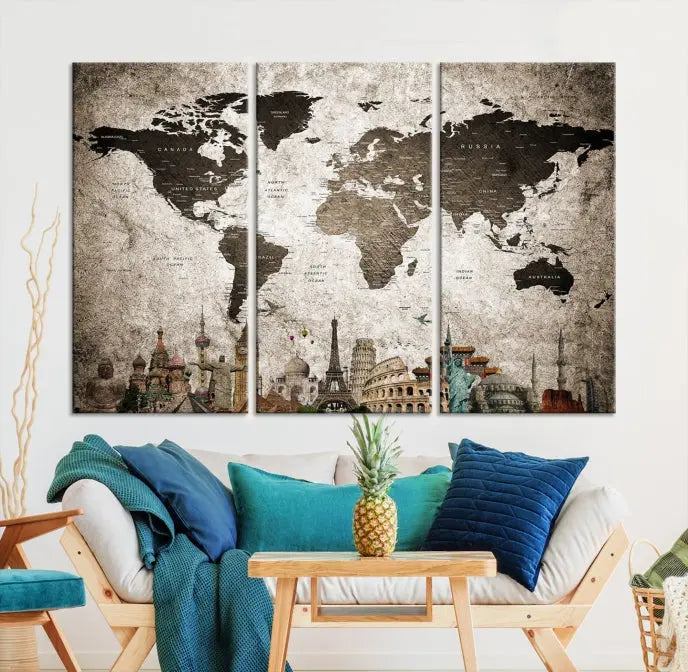 Living room featuring a World Map Wall Art Canvas Print.