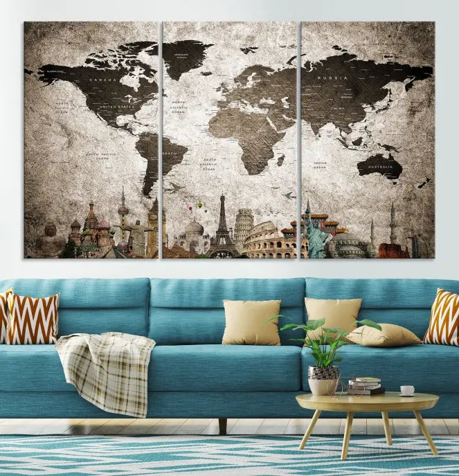 Living room featuring a World Map Wall Art Canvas Print.