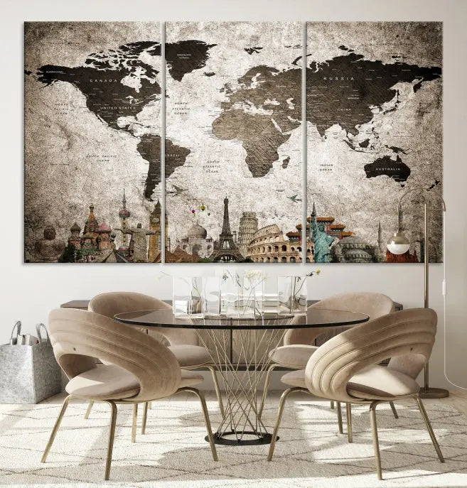 Living room featuring a World Map Wall Art Canvas Print.