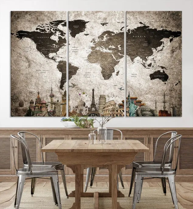 Living room featuring a World Map Wall Art Canvas Print.