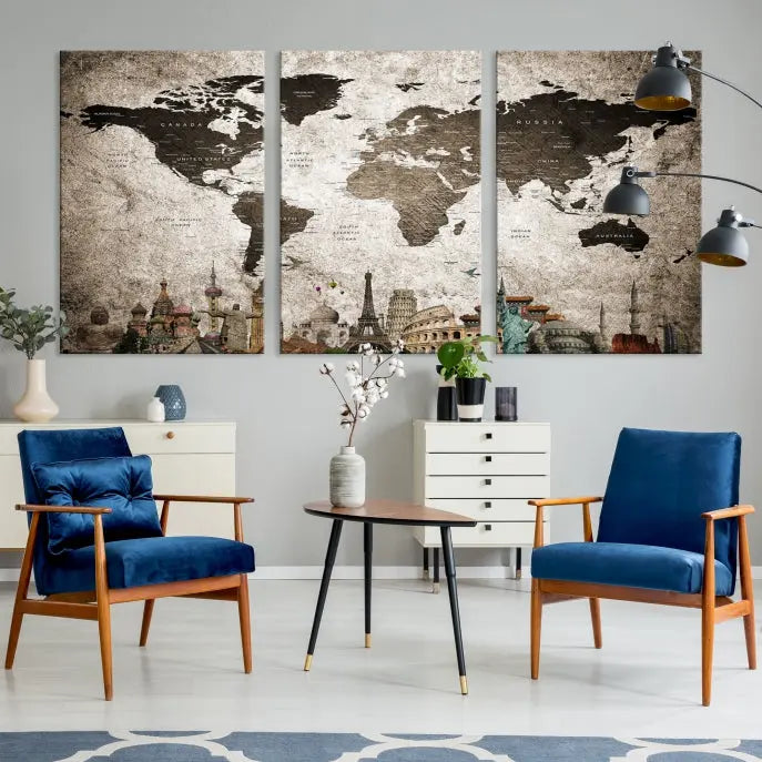 Living room featuring a World Map Wall Art Canvas Print.