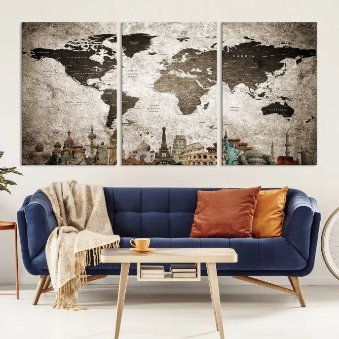 Living room featuring a World Map Wall Art Canvas Print.