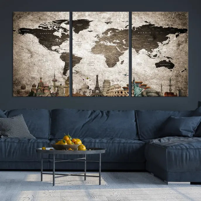 Living room featuring a World Map Wall Art Canvas Print.