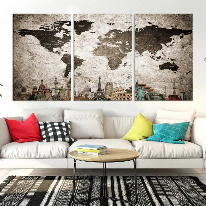 Living room featuring a World Map Wall Art Canvas Print.