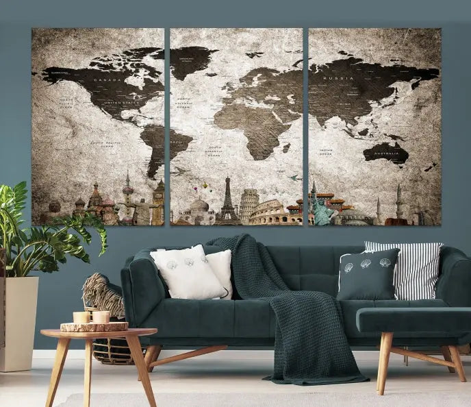 Living room featuring a World Map Wall Art Canvas Print.