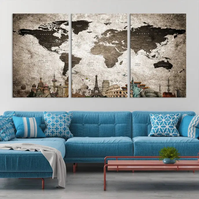 Living room featuring a World Map Wall Art Canvas Print.