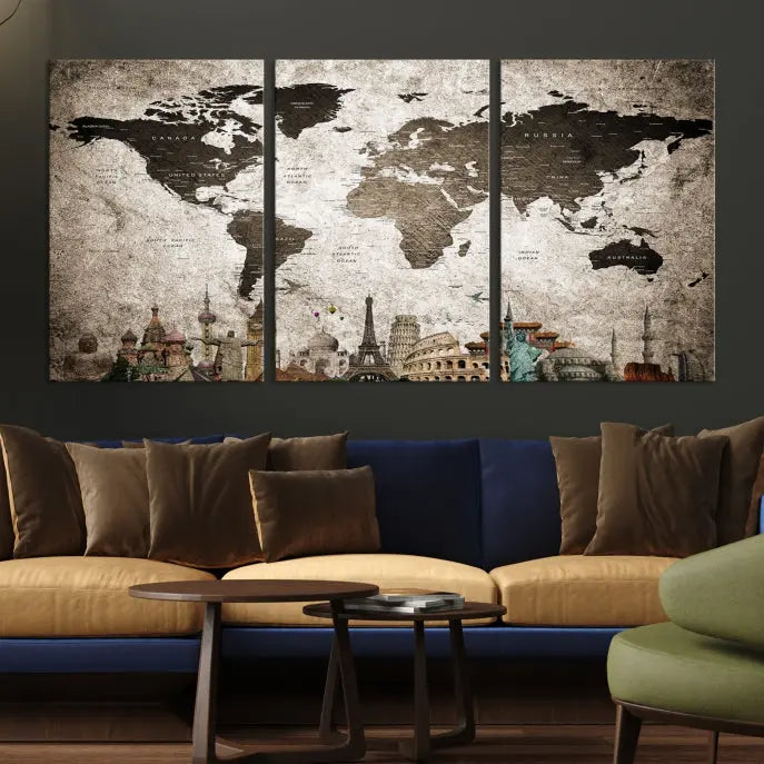 Living room featuring a World Map Wall Art Canvas Print.