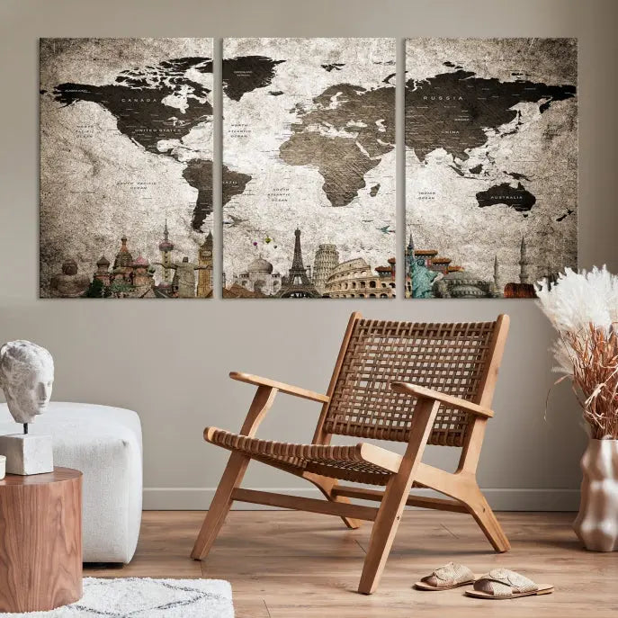 Living room featuring a World Map Wall Art Canvas Print.