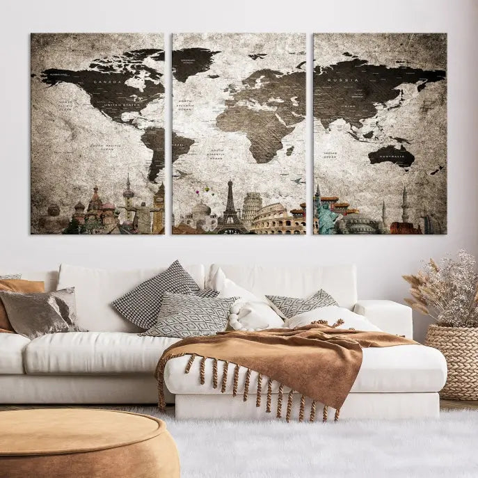 Living room featuring a World Map Wall Art Canvas Print.