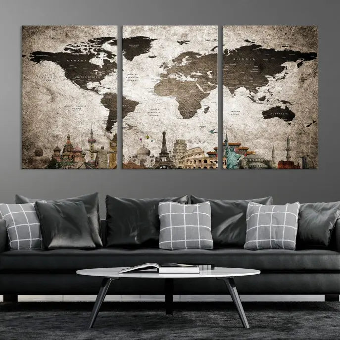 Living room featuring a World Map Wall Art Canvas Print.