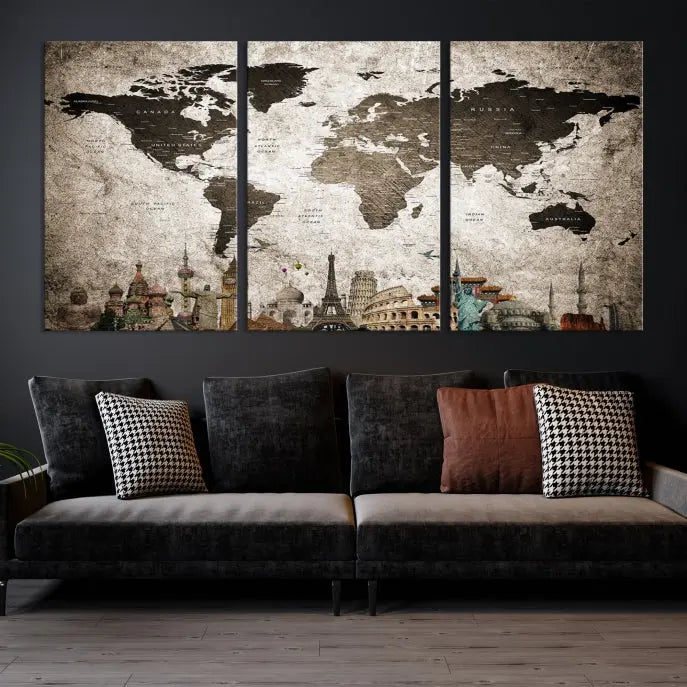 Living room featuring a World Map Wall Art Canvas Print.