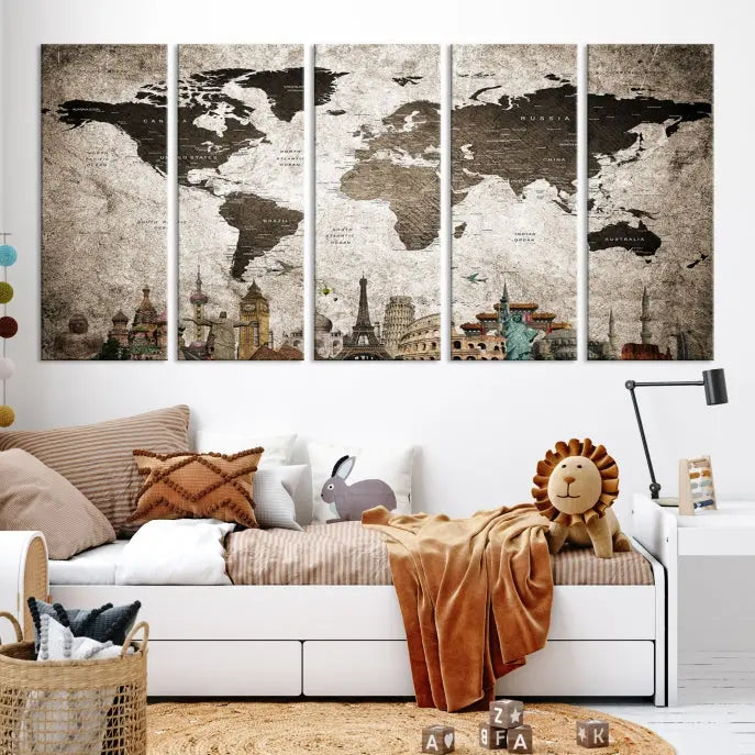 Living room featuring a World Map Wall Art Canvas Print.