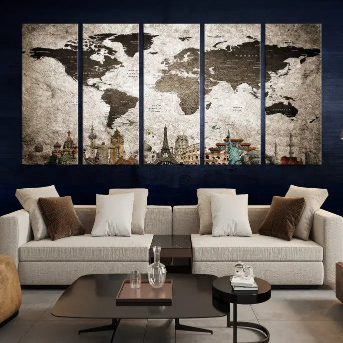 Living room featuring a World Map Wall Art Canvas Print.