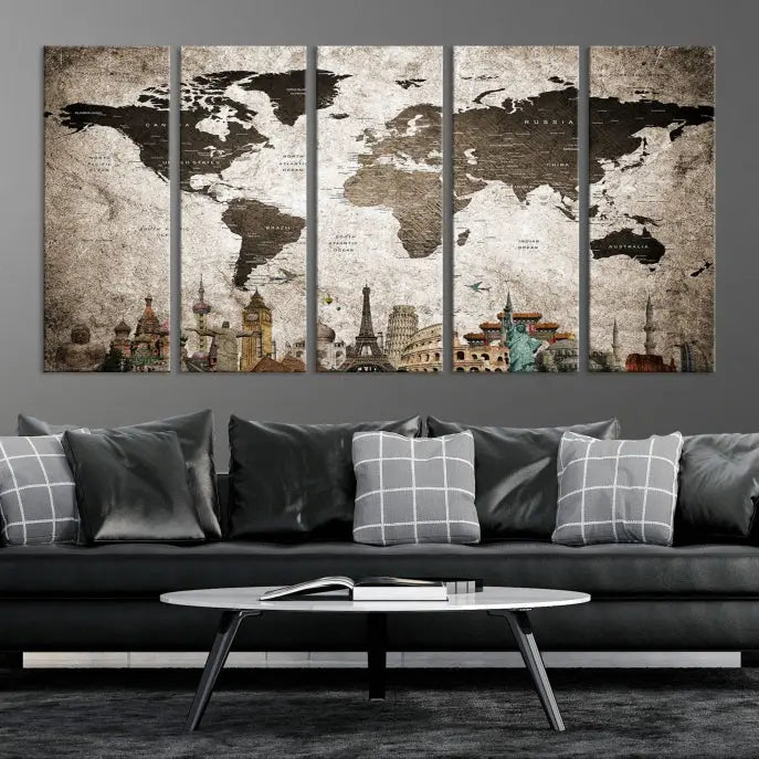 Living room featuring a World Map Wall Art Canvas Print.