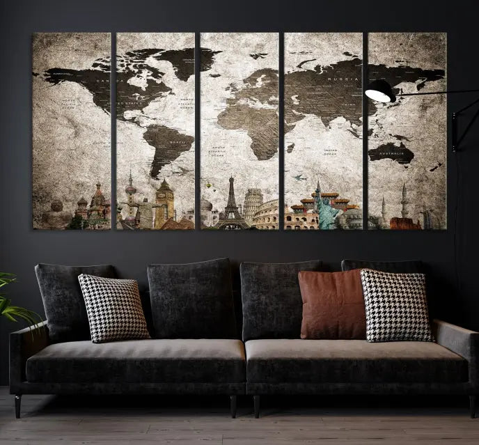 Living room featuring a World Map Wall Art Canvas Print.