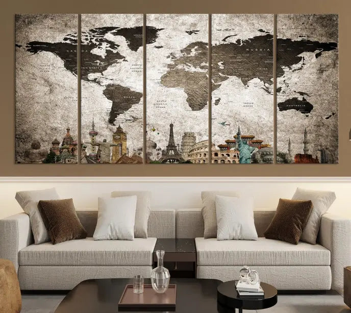 Living room featuring a World Map Wall Art Canvas Print.