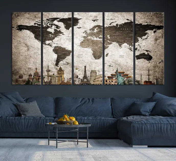 Living room featuring a World Map Wall Art Canvas Print.