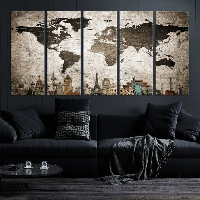 Living room featuring a World Map Wall Art Canvas Print.