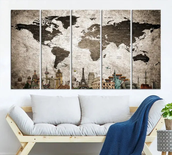 Living room featuring a World Map Wall Art Canvas Print.