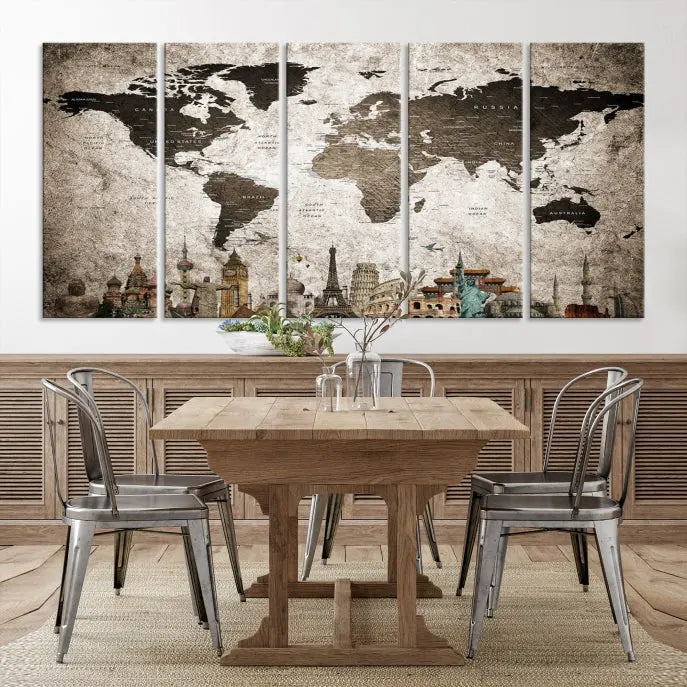 Living room featuring a World Map Wall Art Canvas Print.