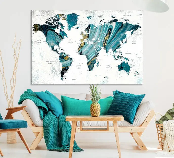 The modern living room features the World Map Wall Art Canvas Print, a three-panel abstract design on museum-quality canvases. The artwork includes a UV-protective coating and is ready to hang.