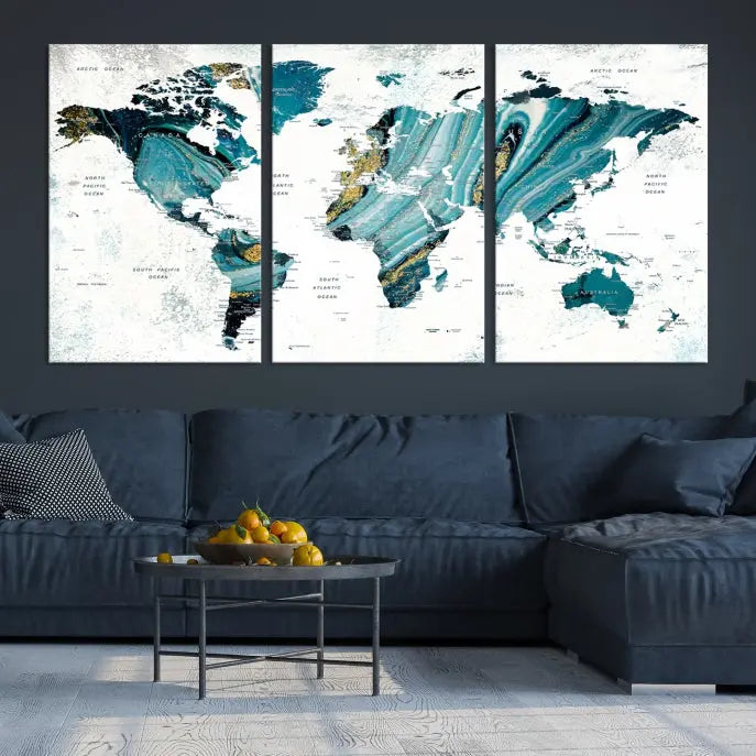 The modern living room features the World Map Wall Art Canvas Print, a three-panel abstract design on museum-quality canvases. The artwork includes a UV-protective coating and is ready to hang.