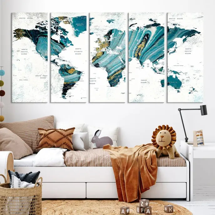 The modern living room features the World Map Wall Art Canvas Print, a three-panel abstract design on museum-quality canvases. The artwork includes a UV-protective coating and is ready to hang.