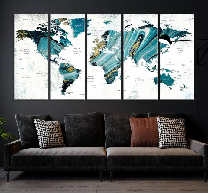 The modern living room features the World Map Wall Art Canvas Print, a three-panel abstract design on museum-quality canvases. The artwork includes a UV-protective coating and is ready to hang.