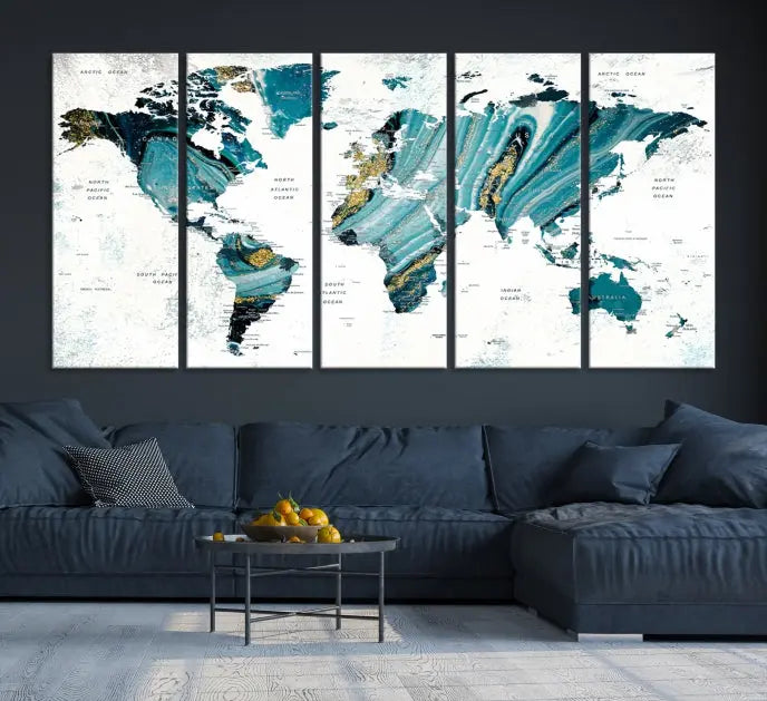 The modern living room features the World Map Wall Art Canvas Print, a three-panel abstract design on museum-quality canvases. The artwork includes a UV-protective coating and is ready to hang.