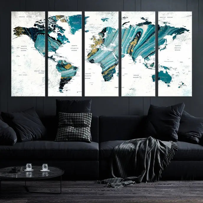 The modern living room features the World Map Wall Art Canvas Print, a three-panel abstract design on museum-quality canvases. The artwork includes a UV-protective coating and is ready to hang.