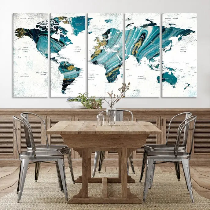 The modern living room features the World Map Wall Art Canvas Print, a three-panel abstract design on museum-quality canvases. The artwork includes a UV-protective coating and is ready to hang.