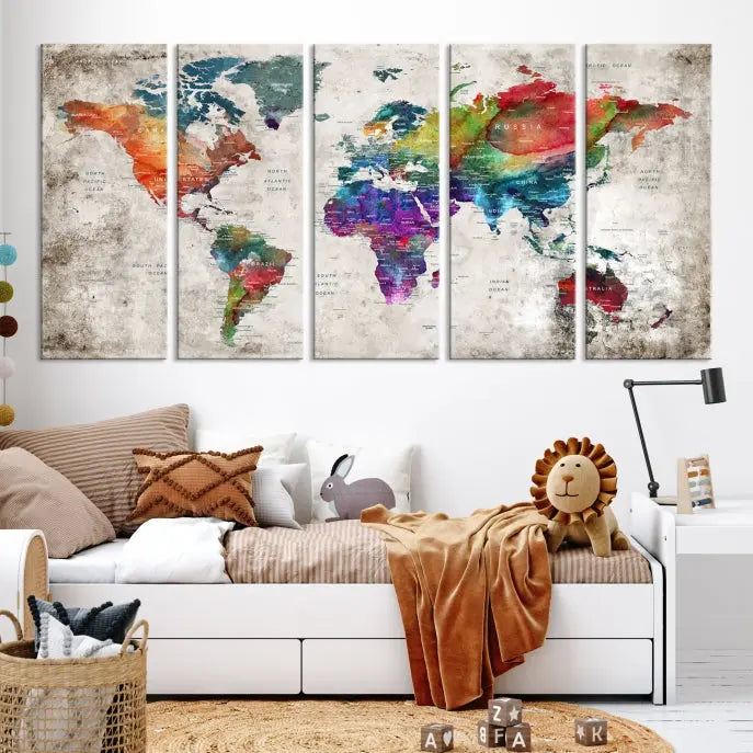 A vibrant "World Map Wall Art Canvas Print," stretched across five panels, adds an artistic touch to the room.