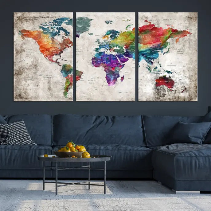 A vibrant "World Map Wall Art Canvas Print," stretched across five panels, adds an artistic touch to the room.