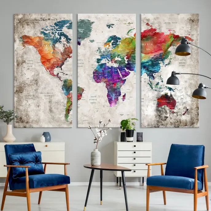 A vibrant "World Map Wall Art Canvas Print," stretched across five panels, adds an artistic touch to the room.