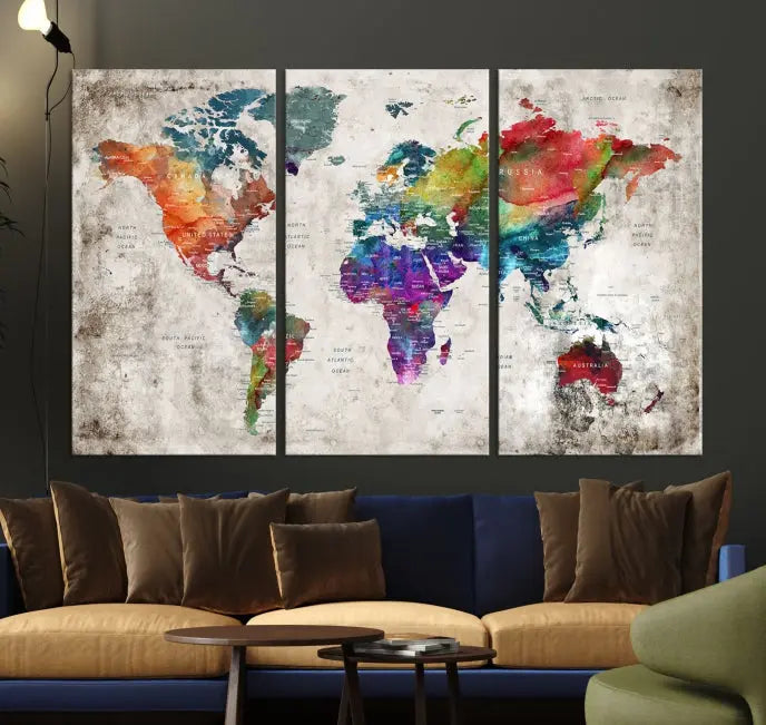 A vibrant "World Map Wall Art Canvas Print," stretched across five panels, adds an artistic touch to the room.