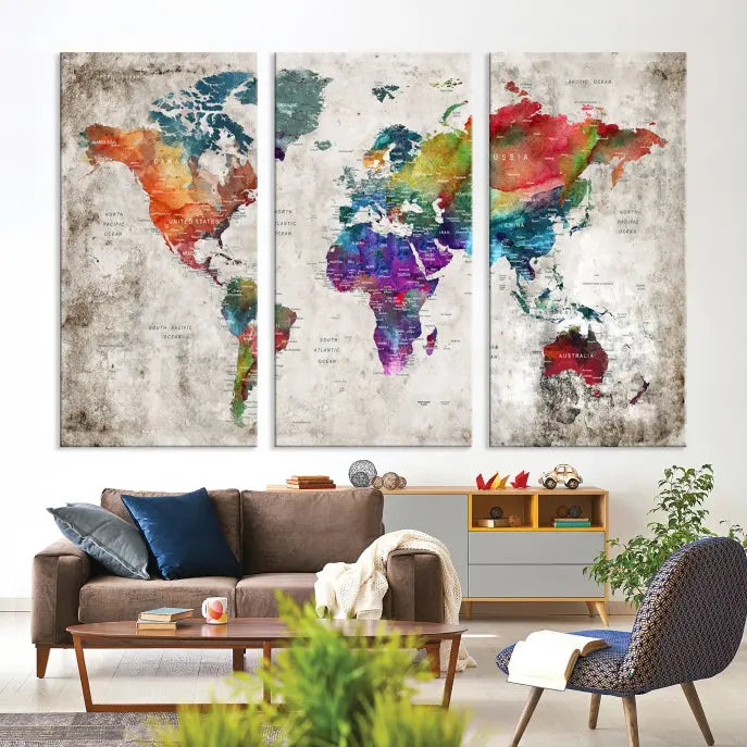 A vibrant "World Map Wall Art Canvas Print," stretched across five panels, adds an artistic touch to the room.