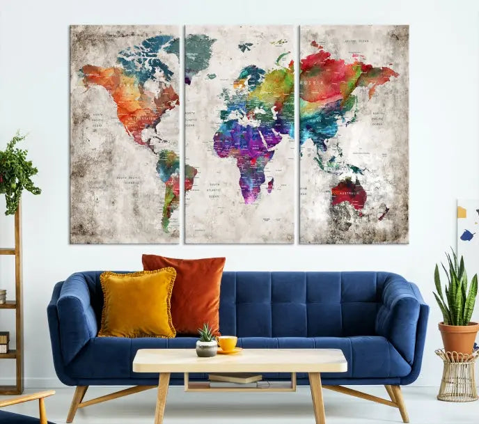 A vibrant "World Map Wall Art Canvas Print," stretched across five panels, adds an artistic touch to the room.