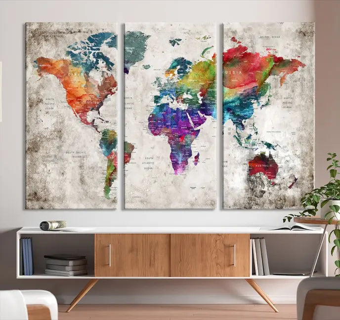 A vibrant "World Map Wall Art Canvas Print," stretched across five panels, adds an artistic touch to the room.