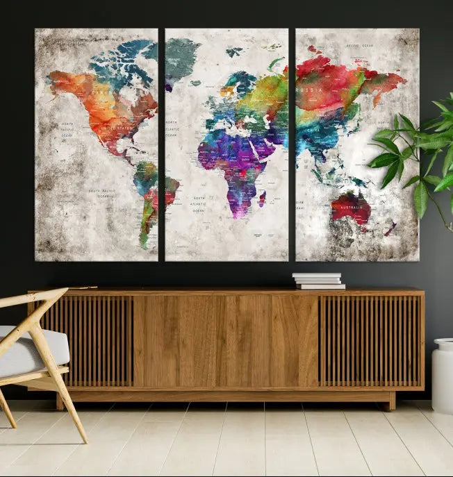 A vibrant "World Map Wall Art Canvas Print," stretched across five panels, adds an artistic touch to the room.